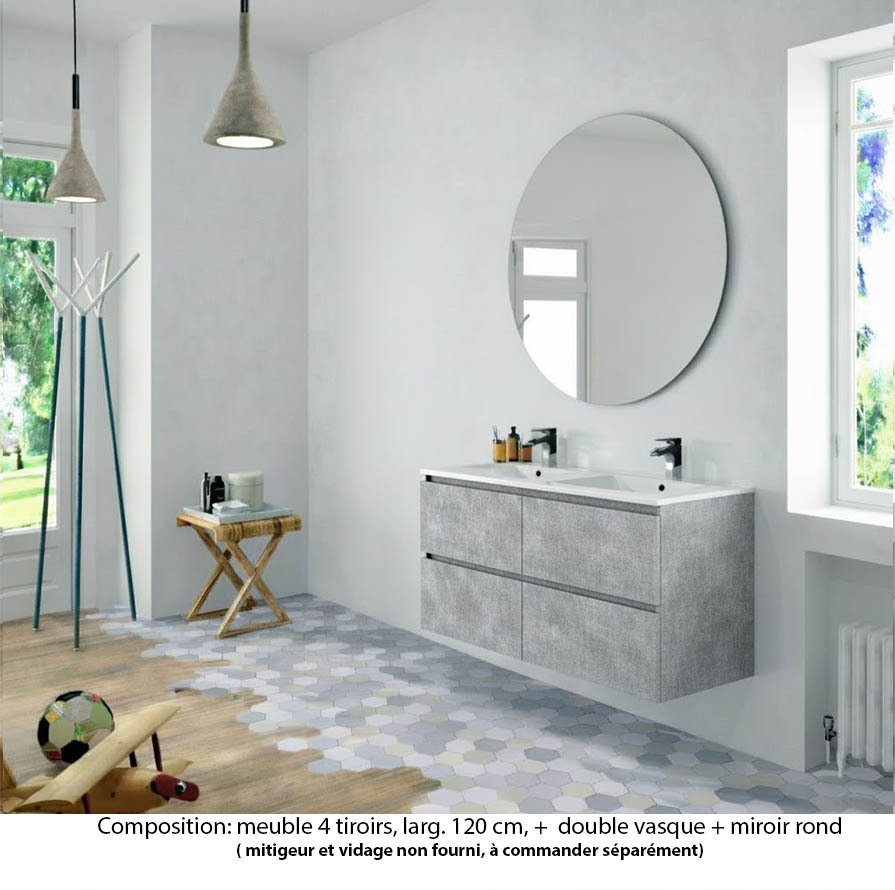 Ensemble meuble de salle de bain Oxford 120 cm béton Bellato, plan double double vasque marbre reconstitué,  4 tiroirs , miroir rond