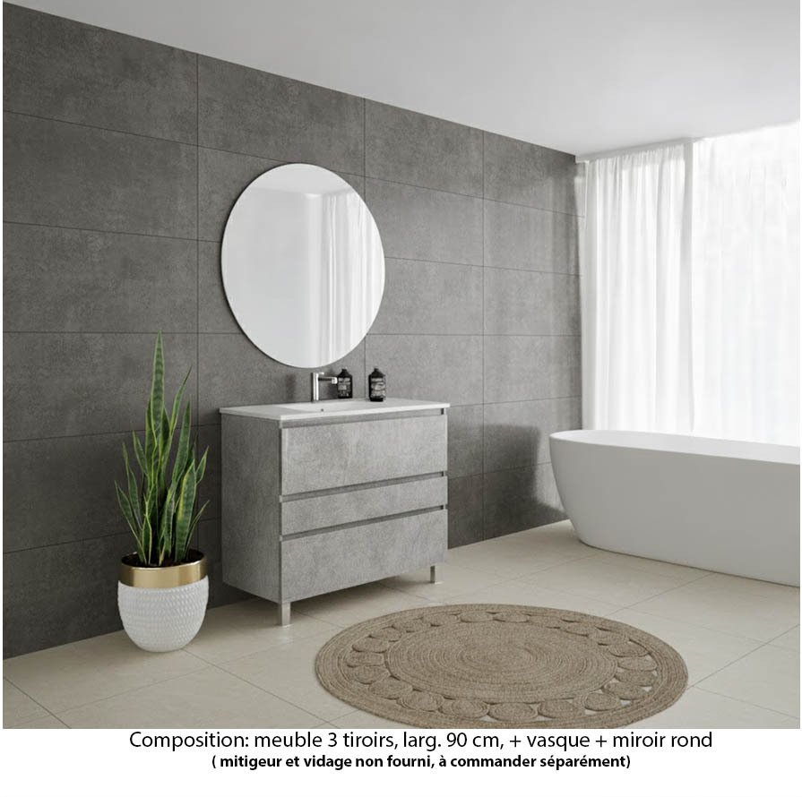 Ensemble meuble de salle de bain Oxford 80 cm béton Bellato, plan vasque marbre reconstitué,  3 tiroirs , miroir rond