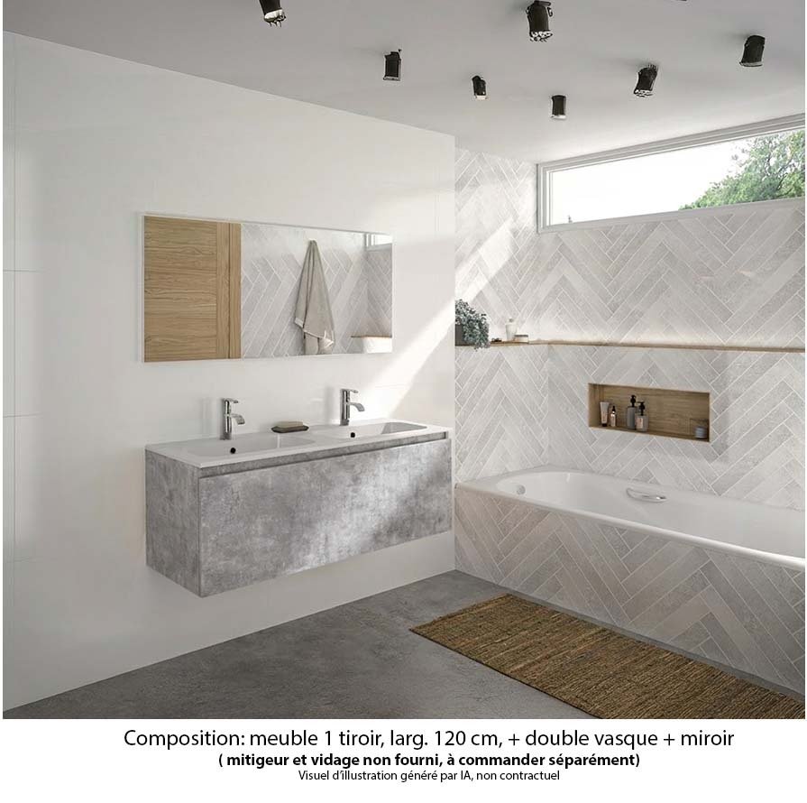 Ensemble meuble de salle de bain Oxford 120 cm béton Bellato, plan double vasque marbre reconstitué,  1 tiroir , miroir haut. 60 cm