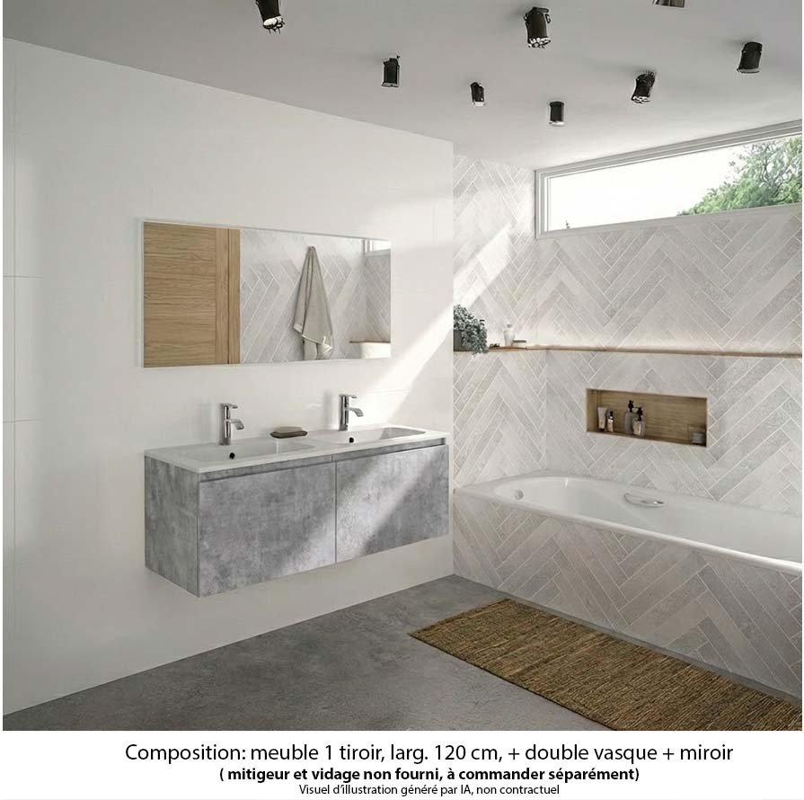 Ensemble meuble de salle de bain Oxford 120 cm béton Bellato, plan double vasque marbre reconstitué,  2 tiroirs , miroir haut. 60 cm