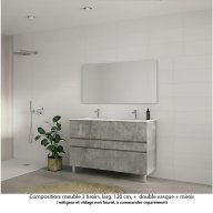 Ensemble meuble de salle de bain Oxford 120 cm béton Bellato, plan double vasque marbre reconstitué, 3 tiroirs , miroir haut. 60 cm