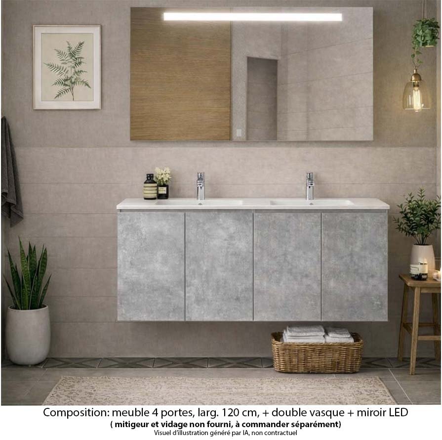 Ensemble meuble de salle de bain Oxford 120 cm béton Bellato, plan vasque marbre reconstitué,  4 portes , miroir haut. 60 cm