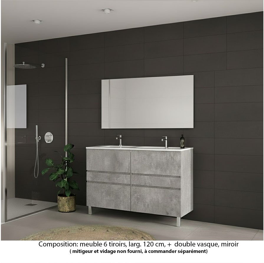 Ensemble meuble de salle de bain Oxford 120 cm béton Bellato, plan double vasque céramique,  6 tiroirs , miroir haut. 60 cm
