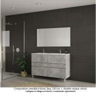 Ensemble meuble de salle de bain Oxford 120 cm béton Bellato, plan double vasque marbre reconstitué, 6 tiroirs , miroir haut. 60 cm