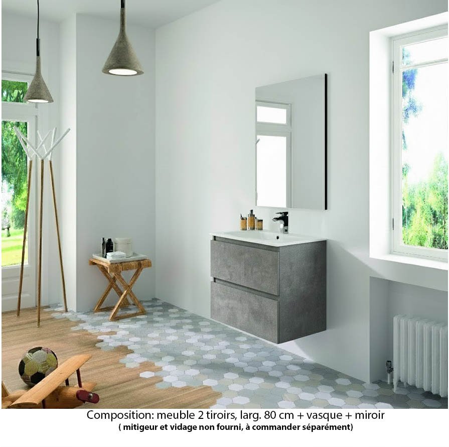 Ensemble meuble de salle de bain Oxford 80 cm béton Bellato, plan vasque marbre reconstitué,  2 tiroirs , miroir haut. 60 cm