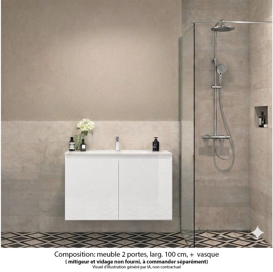Ensemble meuble de salle de bain Oxford 80 cm blanc brillant, plan vasque marbre reconstitué,  2 portes