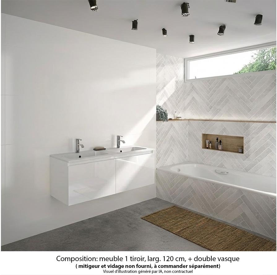 Ensemble meuble de salle de bain Oxford 120 cm blanc brillant, plan double vasque marbre reconstitué,  2 tiroirs