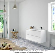 Ensemble meuble de salle de bain Oxford 120 cm blanc brillant, plan double vasque marbre reconstitué, 2 tiroirs