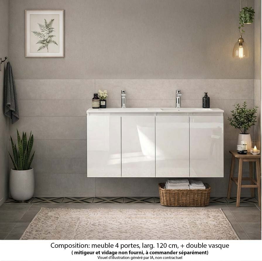 Ensemble meuble de salle de bain Oxford 120 cm blanc brillant, plan vasque marbre reconstitué,  4 portes