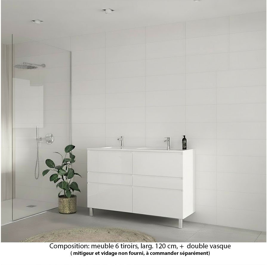 Ensemble meuble de salle de bain Oxford 120 cm blanc brillant, plan double vasque marbre reconstitué,  6 tiroirs