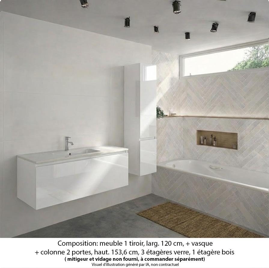Ensemble meuble de salle de bain Oxford 120 cm blanc brillant, plan vasque marbre reconstitué,  1 tiroir +colonne P. 35 cm x H. 153 cm