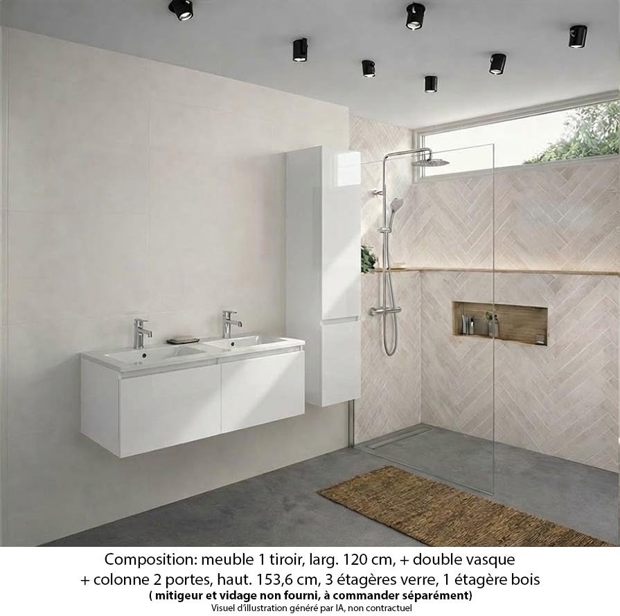 Ensemble meuble de salle de bain Oxford 120 cm blanc brillant, plan double vasque marbre reconstitué,  2 tiroirs +colonne P. 35 cm x H. 153 cm