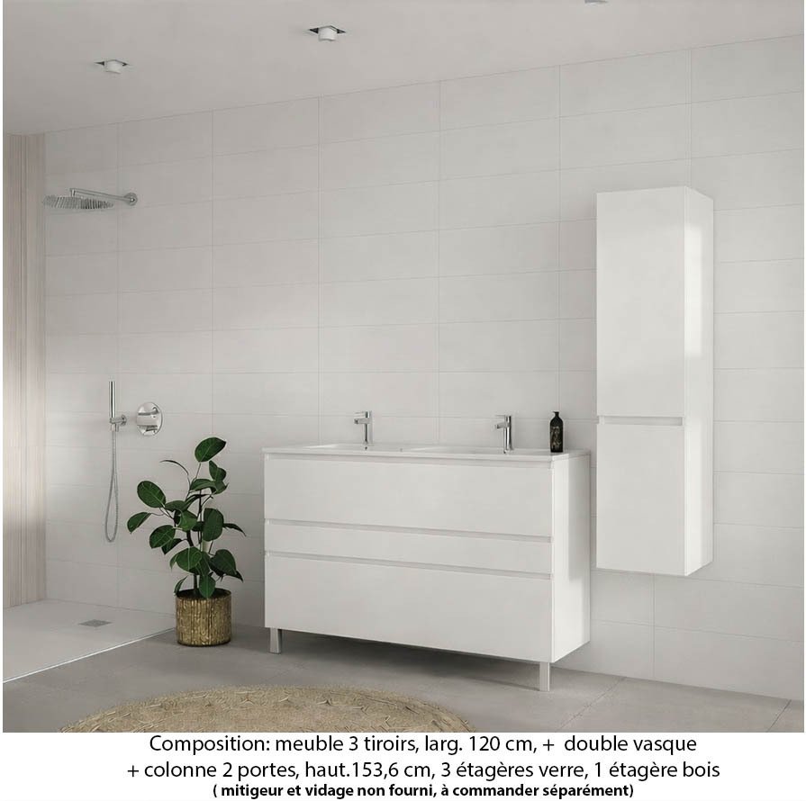 Ensemble meuble de salle de bain Oxford 120 cm blanc brillant, plan double vasque marbre reconstitué,  3 tiroirs + colonne P. 35 cm x H. 153 cm