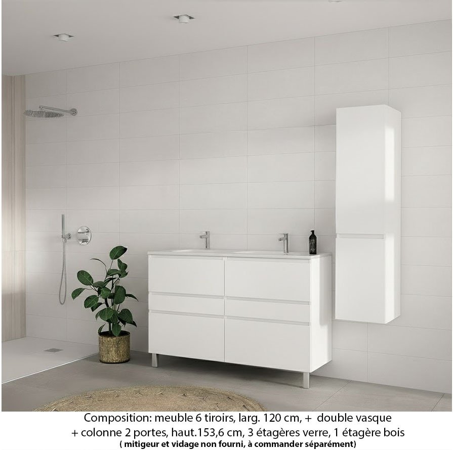 Ensemble meuble de salle de bain Oxford 120 cm blanc brillant, plan double vasque céramique,  6 tiroirs +colonne P. 35 cm x H. 153 cm