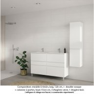 Ensemble meuble de salle de bain Oxford 120 cm blanc brillant, plan double vasque marbre reconstitué, 6 tiroirs + colonne P. 35 cm x H. 153 cm
