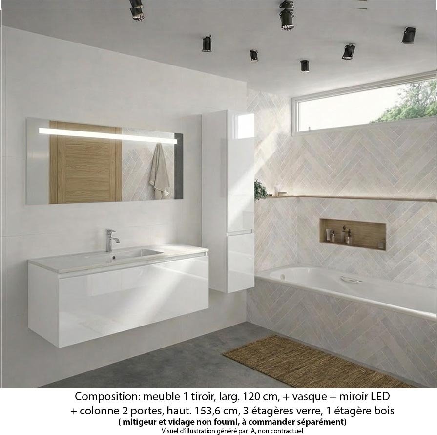 Ensemble meuble de salle de bain Oxford 120 cm blanc brillant, plan vasque marbre reconstitué,  1 tiroir +colonne P. 35 cm x H. 153 cm  , miroir LED