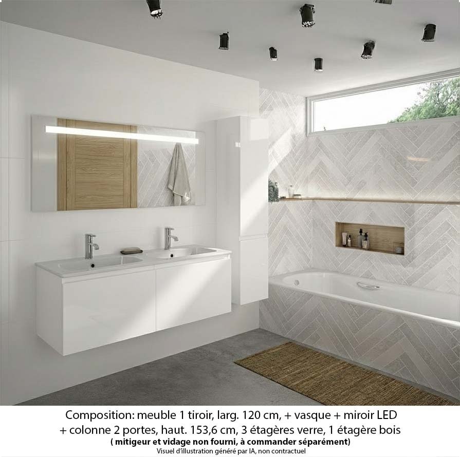 Ensemble meuble de salle de bain Oxford 120 cm blanc brillant, plan double vasque marbre reconstitué,  2 tiroirs + colonne P. 35 cm x H. 153 cm  , miroir LED