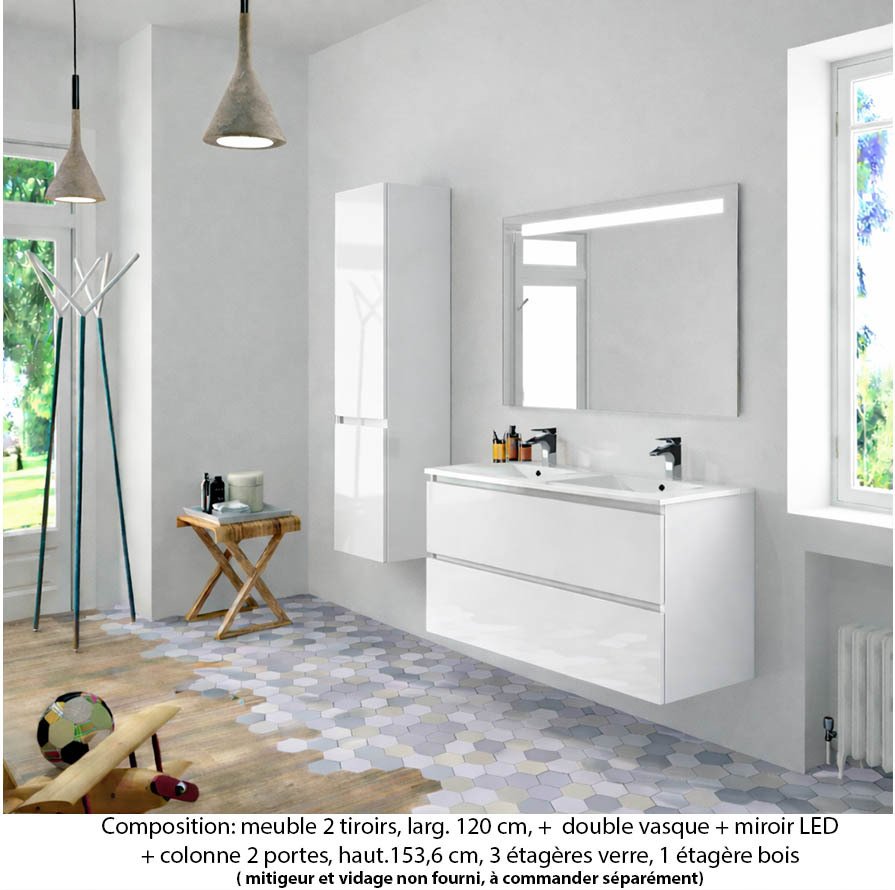Ensemble meuble de salle de bain Oxford 120 cm blanc brillant, plan double vasque céramique,  2 tiroirs +colonne P. 35 cm x H. 153 cm  , miroir LED