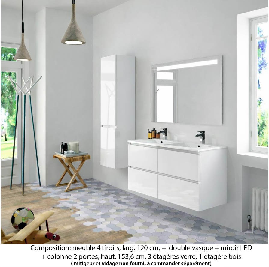 Ensemble meuble de salle de bain Oxford 120 cm blanc brillant, plan double double vasque marbre reconstitué,  4 tiroirs + colonne P. 35 cm x H. 153 cm  , miroir LED