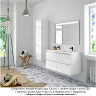 Ensemble meuble de salle de bain Oxford 140 cm blanc brillant, plan double double vasque marbre reconstitué, 4 tiroirs +colonne P. 35 cm x H. 153 cm , miroir LED