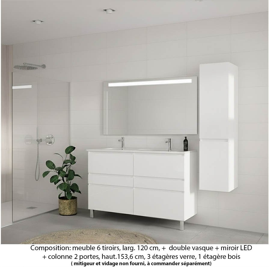 Ensemble meuble de salle de bain Oxford 120 cm blanc brillant, plan double vasque céramique,  6 tiroirs +colonne P. 35 cm x H. 153 cm  , miroir LED