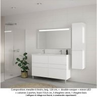 Ensemble meuble de salle de bain Oxford 120 cm blanc brillant, plan double vasque marbre reconstitué, 6 tiroirs +colonne P. 35 cm x H. 153 cm , miroir LED