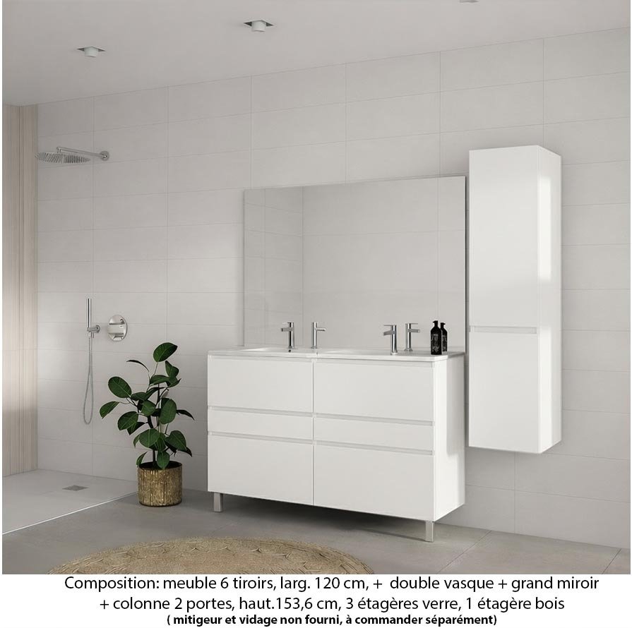 Ensemble meuble de salle de bain Oxford 120 cm blanc brillant, plan double vasque céramique, 6 tiroirs , miroir plan , colonne P. 35 cm x H. 153 cm