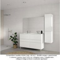 Ensemble meuble de salle de bain Oxford 120 cm blanc brillant, plan double vasque marbre reconstitué, 6 tiroirs , miroir plan , colonne P. 35 cm x H. 153 cm