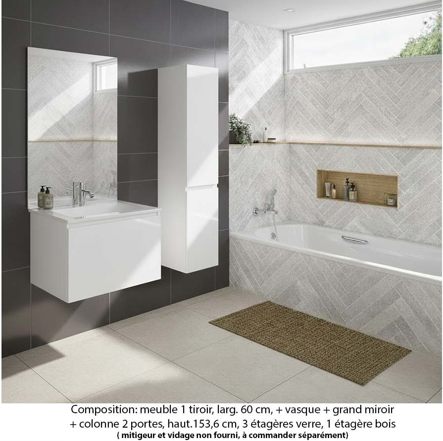 Ensemble meuble de salle de bain Oxford 100 cm blanc brillant, plan vasque marbre reconstitué, 1 tiroir , miroir plan , colonne P. 35 cm x H. 153 cm