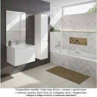 Ensemble meuble de salle de bain Oxford 80 cm blanc brillant, plan vasque marbre reconstitué, 1 tiroir , miroir plan , colonne P. 35 cm x H. 153 cm