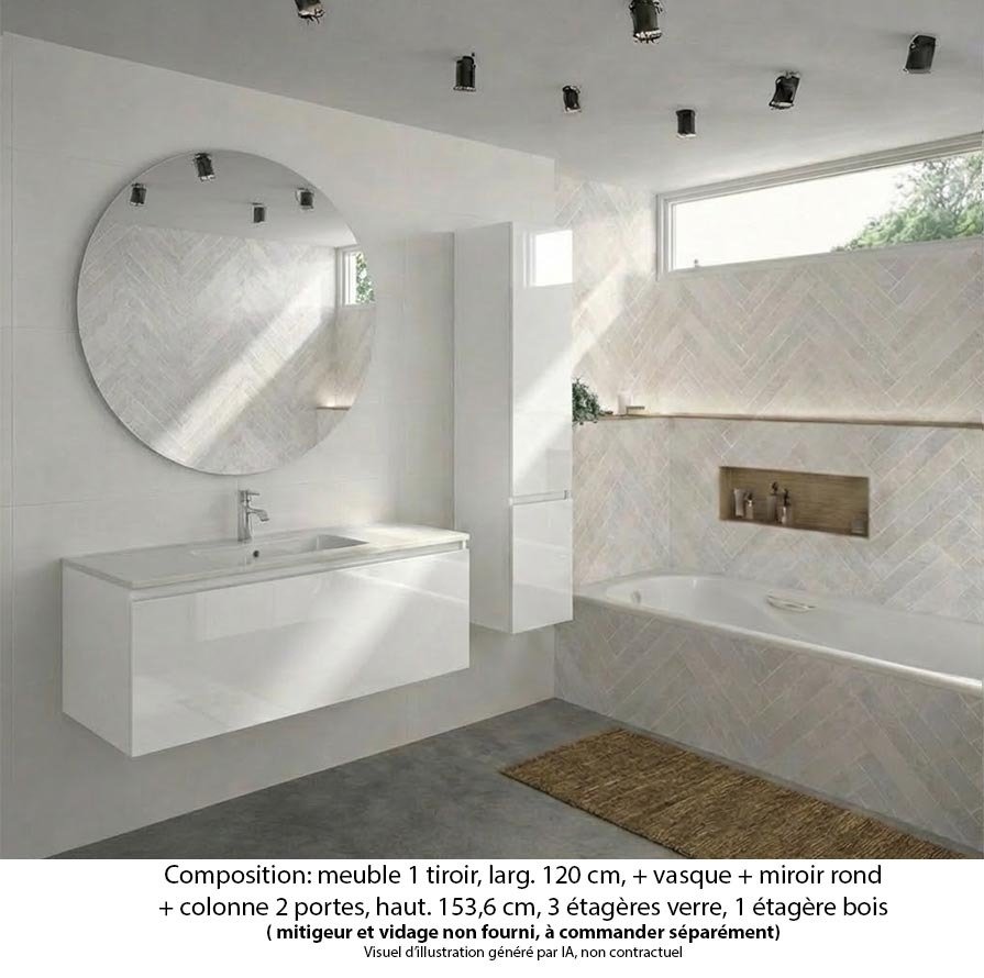 Ensemble meuble de salle de bain Oxford 120 cm blanc brillant, plan vasque marbre reconstitué, 1 tiroir , miroir rond , colonne P. 35 cm x H. 153 cm