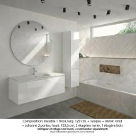Ensemble meuble de salle de bain Oxford 120 cm blanc brillant, plan vasque marbre reconstitué, 1 tiroir , miroir rond , colonne P. 35 cm x H. 153 cm