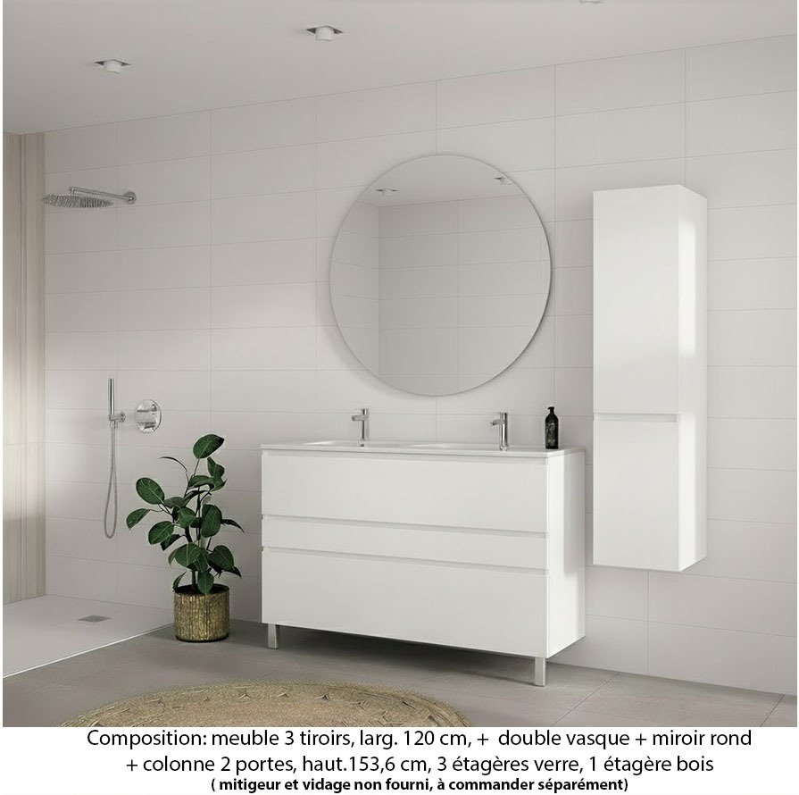 Ensemble meuble de salle de bain Oxford 120 cm blanc brillant, plan double vasque marbre reconstitué, 3 tiroirs , miroir rond , colonne P. 35 cm x H. 153 cm