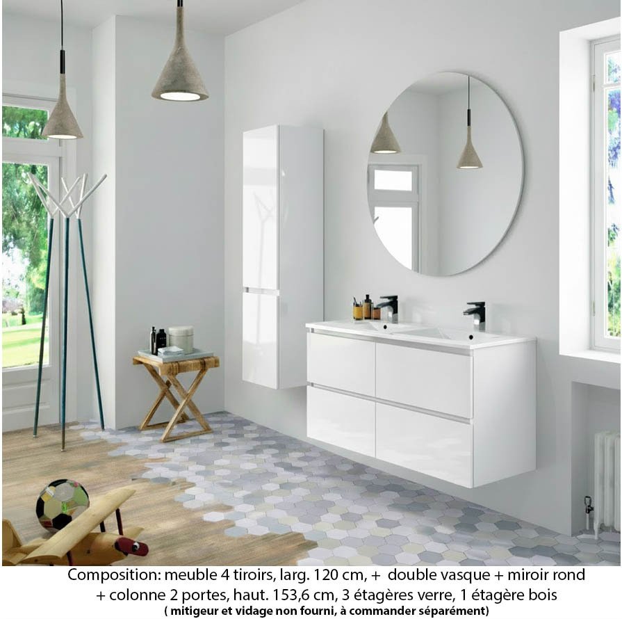 Ensemble meuble de salle de bain Oxford 120 cm blanc brillant, plan double double vasque marbre reconstitué, 4 tiroirs , miroir rond , colonne P. 35 cm x H. 153 cm
