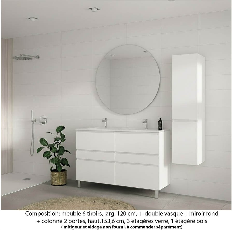 Ensemble meuble de salle de bain Oxford 120 cm blanc brillant, plan double vasque céramique, 6 tiroirs , miroir rond , colonne P. 35 cm x H. 153 cm
