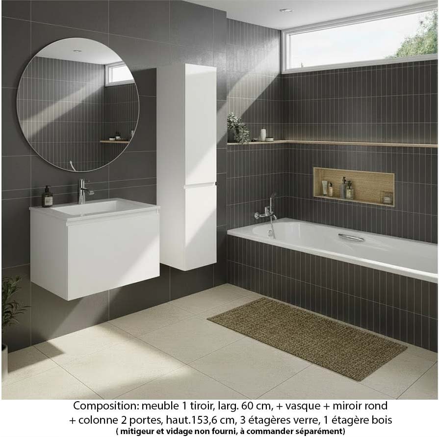 Ensemble meuble de salle de bain Oxford 100 cm blanc brillant, plan vasque marbre reconstitué, 1 tiroir , miroir rond , colonne P. 35 cm x H. 153 cm