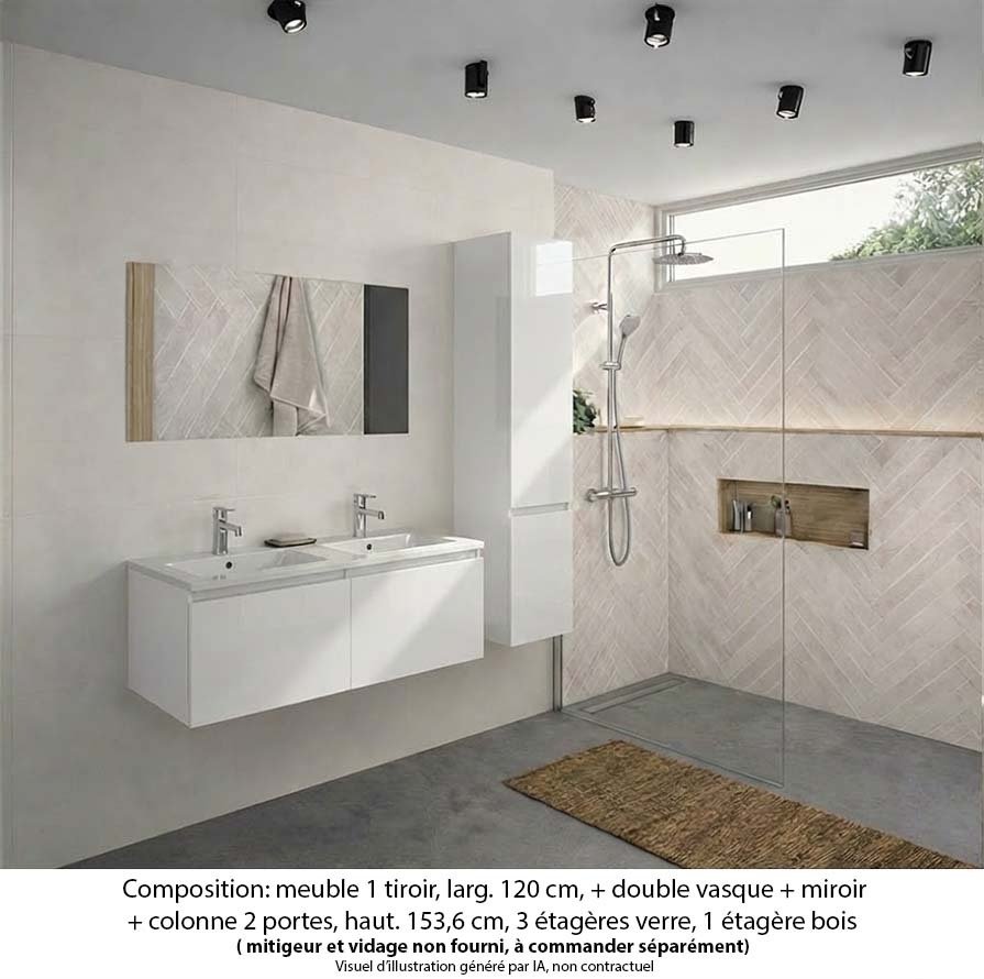 Ensemble meuble de salle de bain Oxford 120 cm blanc brillant, plan double vasque marbre reconstitué, 2 tiroirs , miroir simple , colonne P. 35 cm x H. 153 cm