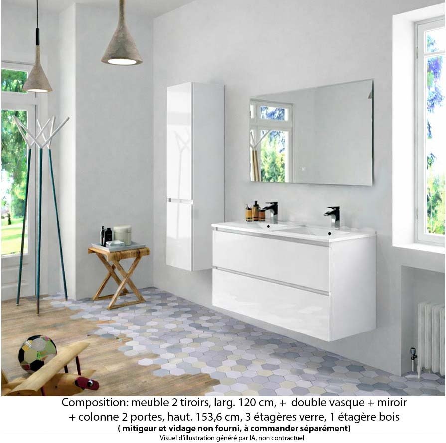 Ensemble meuble de salle de bain Oxford 120 cm blanc brillant, plan double vasque marbre reconstitué, 2 tiroirs , miroir simple , colonne P. 35 cm x H. 153 cm