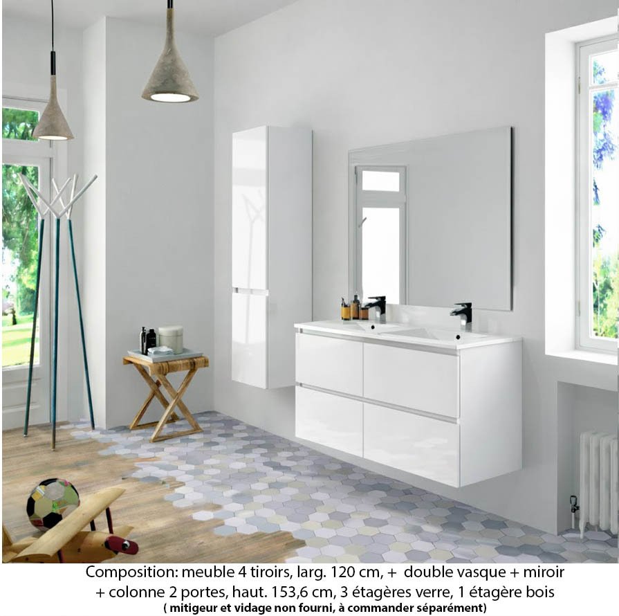 Ensemble meuble de salle de bain Oxford 120 cm blanc brillant, plan double double vasque marbre reconstitué, 4 tiroirs , miroir simple , colonne P. 35 cm x H. 153 cm
