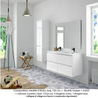 Ensemble meuble de salle de bain Oxford 140 cm blanc brillant, plan double double vasque marbre reconstitué, 4 tiroirs , miroir simple , colonne P. 35 cm x H. 153 cm