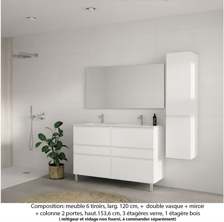 Ensemble meuble de salle de bain Oxford 120 cm blanc brillant, plan double vasque céramique, 6 tiroirs , miroir simple , colonne P. 35 cm x H. 153 cm
