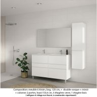 Ensemble meuble de salle de bain Oxford 120 cm blanc brillant, plan double vasque marbre reconstitué, 6 tiroirs , miroir simple , colonne P. 35 cm x H. 153 cm