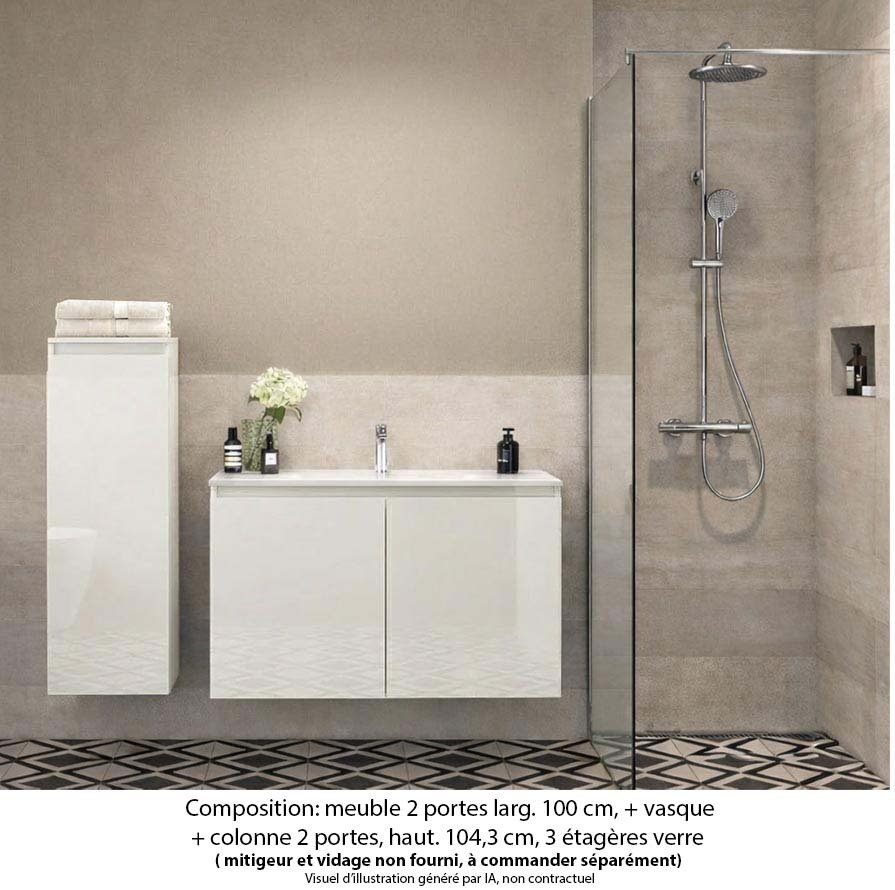 Ensemble meuble de salle de bain Oxford 60 cm blanc brillant, plan vasque marbre reconstitué,  2 portes + colonne P. 35 cm x H. 104 cm