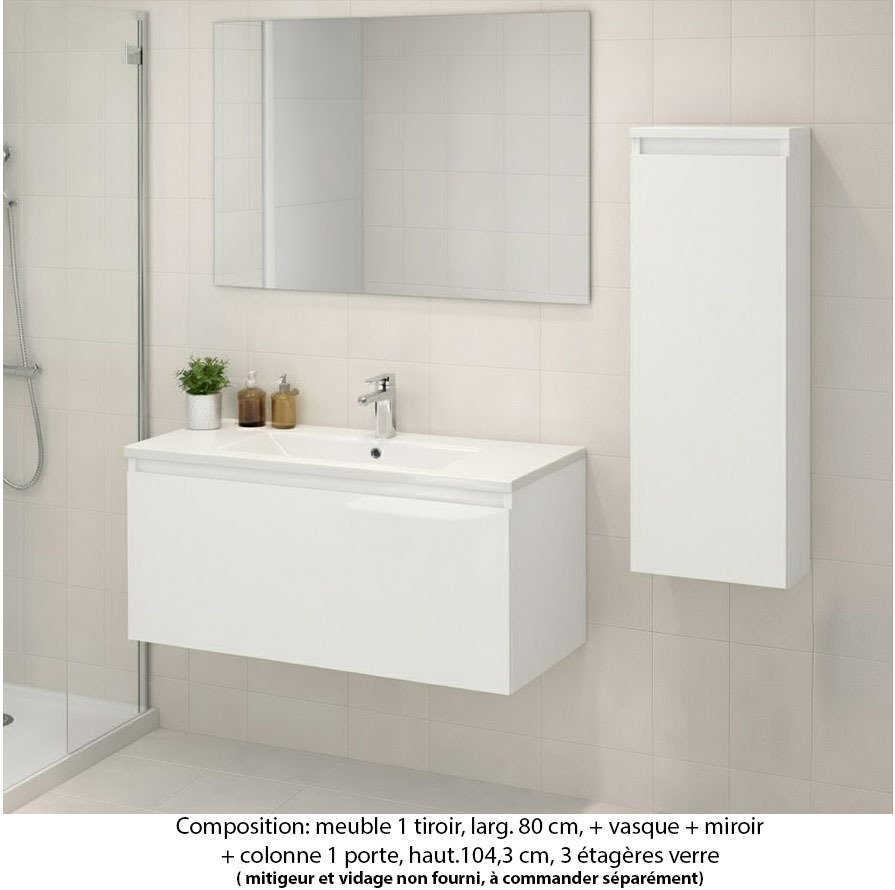 Ensemble meuble de salle de bain Oxford 80 cm blanc brillant, plan vasque marbre reconstitué,  1 tiroir + colonne P.17 cm x H. 104 cm