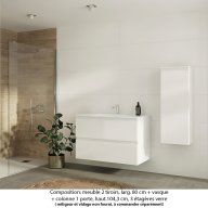 Ensemble meuble de salle de bain Oxford 100 cm blanc brillant, plan vasque marbre reconstitué, 2 tiroirs + colonne P. 17 cm x H. 104 cm