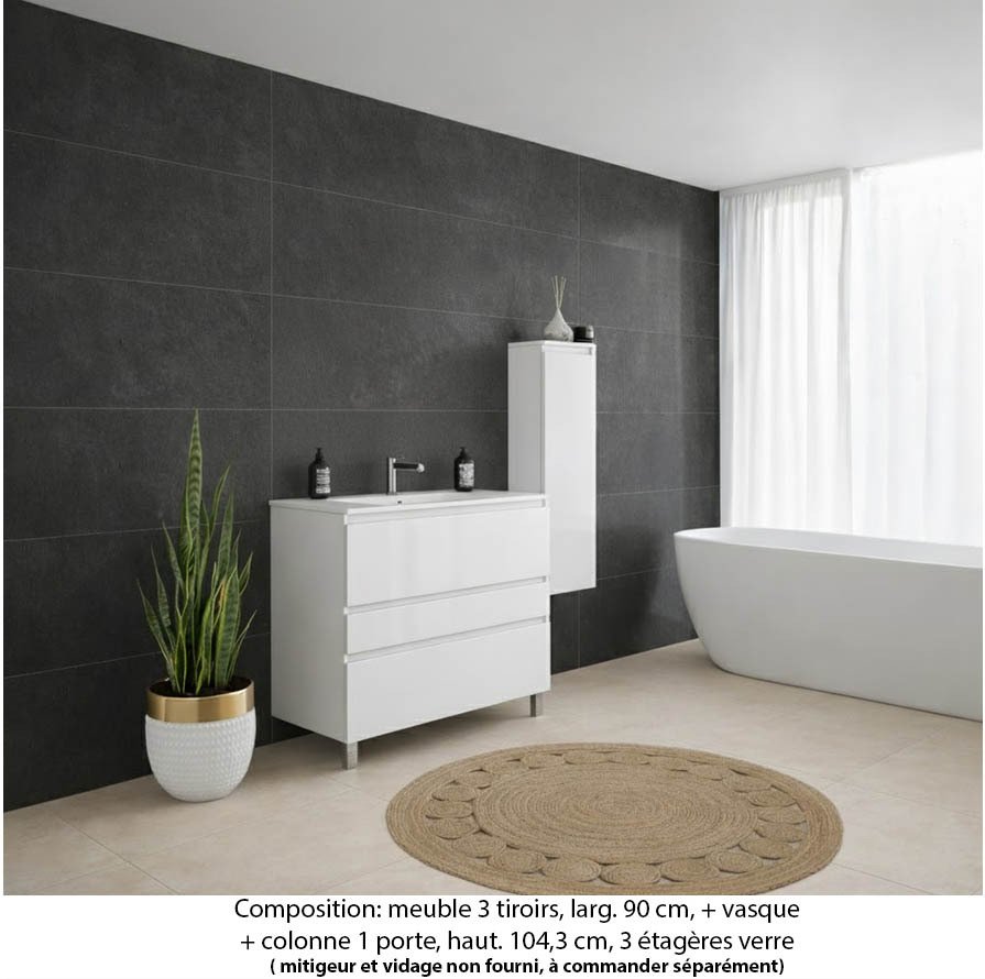 Ensemble meuble de salle de bain Oxford 80 cm blanc brillant, plan vasque marbre reconstitué,  3 tiroirs + colonne P.17 cm x H. 104 cm