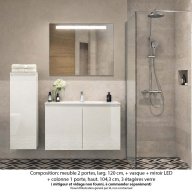 Ensemble meuble de salle de bain Oxford 100 cm blanc brillant, plan vasque marbre reconstitué, 2 portes +colonne P. 35 cm x H. 104 cm , miroir LED
