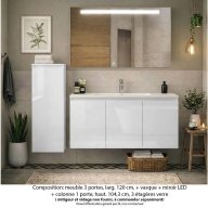 Ensemble meuble de salle de bain Oxford 120 cm blanc brillant, plan vasque céramique, 3 portes +colonne P. 35 cm x H. 104 cm , miroir LED