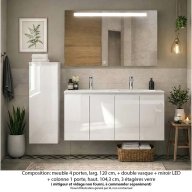 Ensemble meuble de salle de bain Oxford 140 cm blanc brillant, plan vasque marbre reconstitué, 4 portes +colonne P. 17 cm x H. 104 cm , miroir LED