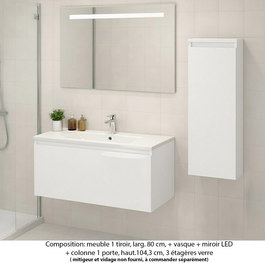 Ensemble meuble de salle de bain Oxford 80 cm blanc brillant, plan vasque marbre reconstitué,  1 tiroir +colonne P.17 cm x H. 104 cm  , miroir LED